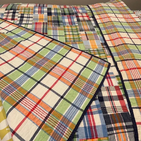 Pottery Barn Kids Madras Plaid Patchwork Twin Quilt with Sham Hand Stitch - Picture 1 of 5